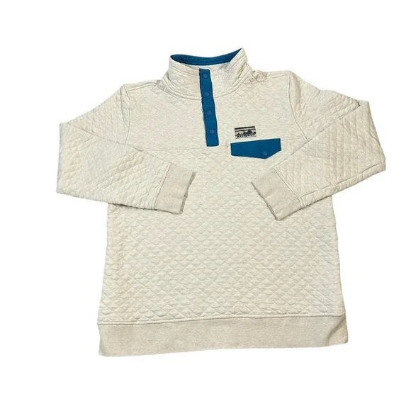 Patagonia Pullover Womens Large White Blue Organic Cotton Quilted Snap Synchilla - Picture 2 of 10